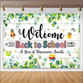 Lofaris Welcome Back to School Backdrop with Green Eucalyptus and Wooden Planks, Classroom Background for Photo Booth Props and Party Decor