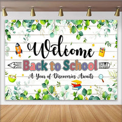 Lofaris Welcome Back to School Backdrop with Green Eucalyptus and Wooden Planks, Classroom Background for Photo Booth Props and Party Decor