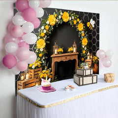 Lofaris Yellow Bee Baby Shower Backdrop with Honeycomb and Floral Arch, Rustic Lanterns Photography Background for Party Decor