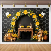 Lofaris Yellow Bee Baby Shower Backdrop with Honeycomb and Floral Arch, Rustic Lanterns Photography Background for Party Decor