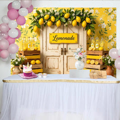 Lofaris Yellow Floral Lemonade Stand Photography Backdrop with Rustic Door, Summer Lemon Theme Background for Studio Photoshoots