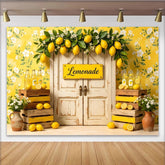Lofaris Yellow Floral Lemonade Stand Photography Backdrop with Rustic Door, Summer Lemon Theme Background for Studio Photoshoots