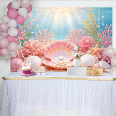 Lofaris Pink Coral Mermaid Photography Backdrop with Seashells and Pearls, Enchanting Underwater Background for Studio Photoshoot