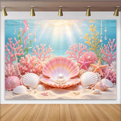Lofaris Pink Coral Mermaid Photography Backdrop with Seashells and Pearls, Enchanting Underwater Background for Studio Photoshoot