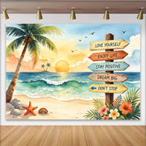 Lofaris Vibrant Tropical Beach Photography Backdrop with Sunset and Palm Trees, Motivational Sign Background for Summer Party Decor