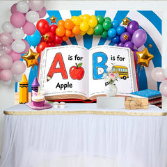 Lofaris Colorful Back To School Backdrop with Alphabet Book and School Bus, Rainbow Balloons for Kids Party Decor