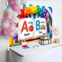 Lofaris Colorful Back To School Backdrop with Alphabet Book and School Bus, Rainbow Balloons for Kids Party Decor