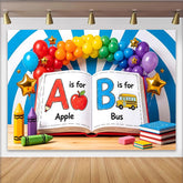 Lofaris Colorful Back To School Backdrop with Alphabet Book and School Bus, Rainbow Balloons for Kids Party Decor