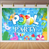 Lofaris Vibrant Blue Pool Party Backdrop with Summer Floats and Palm Leaves, Fun Photography Background for Kids and Summer Events