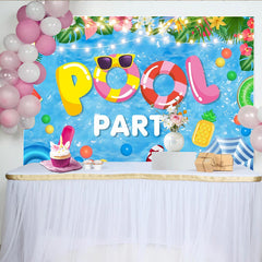 Lofaris Tropical Pool Party Backdrop with Summer Floats and String Lights, Fun Photography Background for Kids and Adults