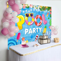 Lofaris Tropical Pool Party Backdrop with Summer Floats and String Lights, Fun Photography Background for Kids and Adults