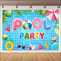 Lofaris Vibrant Blue Pool Party Birthday Backdrop with Summer Inflatables, Fun Celebration Background for Kids and Adults Photoshoot