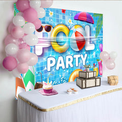Lofaris Vibrant Blue Pool Party Backdrop with Swimming Rings, Summer Vacation Photography Background for Event Decor.