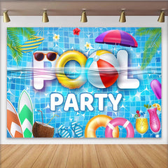 Lofaris Vibrant Blue Pool Party Backdrop with Swimming Rings, Summer Vacation Photography Background for Event Decor.