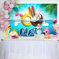 Lofaris Tropical Summer Pool Party Backdrop with Palm Leaves and Surfboards, Vibrant Water Background for Photoshoot