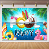 Lofaris Tropical Summer Pool Party Backdrop with Palm Leaves and Surfboards, Vibrant Water Background for Photoshoot