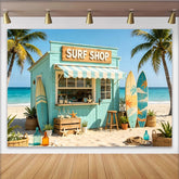 Lofaris Light Blue Surf Shop Photography Backdrop with Palm Trees and Surfboards, Tropical Beach Background for Summer Photoshoot
