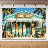 Lofaris Beach Surf Shop Photography Backdrop with Palm Trees and Surfboards, Tropical Summer Background for Photo Booth Props