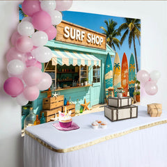 Lofaris Vibrant Surf Shop Photography Backdrop with Colorful Surfboards and Palm Trees, Summer Beach Vacation Background for Photoshoot