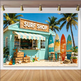 Lofaris Vibrant Surf Shop Photography Backdrop with Colorful Surfboards and Palm Trees, Summer Beach Vacation Background for Photoshoot