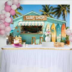 Lofaris Vibrant Beach Surf Shop Photography Backdrop with Palm Trees and Ocean, Colorful Surfboards and Starfish Summer Photo Booth Background