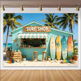 Lofaris Vibrant Beach Surf Shop Photography Backdrop with Palm Trees and Ocean, Colorful Surfboards and Starfish Summer Photo Booth Background