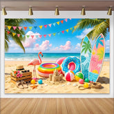 Lofaris Colorful Summer Beach Photography Backdrop with Flamingo and Surfboards, Tropical Party Background for Vacation Photoshoot
