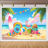 Lofaris Vibrant Summer Beach Photography Backdrop Palm Trees and Flamingo, Cartoon Ocean Party Background for Kids Photoshoot