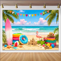 Lofaris Summer Beach Photography Backdrop Vibrant Palm Trees and Ocean Waves, Tropical Party Background for Vacation Photoshoot