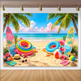 Lofaris Vibrant Summer Beach Photography Backdrop with Palm Trees and Surfboards, Tropical Party Decor for Vacation Photoshoot