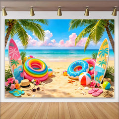 Lofaris Vibrant Summer Beach Photography Backdrop with Palm Trees and Surfboards, Tropical Party Decor for Vacation Photoshoot
