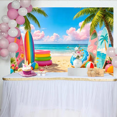 Lofaris Vibrant Tropical Beach Photography Backdrop with Palm Trees and Surfboards, Colorful Summer Ocean Background for Vacation Party Decor