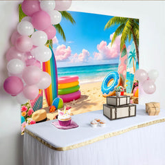 Lofaris Vibrant Tropical Beach Photography Backdrop with Palm Trees and Surfboards, Colorful Summer Ocean Background for Vacation Party Decor