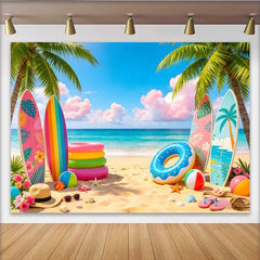 Lofaris Vibrant Tropical Beach Photography Backdrop with Palm Trees and Surfboards, Colorful Summer Ocean Background for Vacation Party Decor