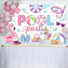 Lofaris Vibrant Pink Pool Party Birthday Backdrop with Flamingo Beach Ball, and Snorkel, Summer Celebration Background for Photoshoot