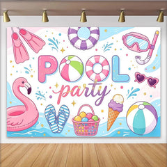 Lofaris Vibrant Pink Pool Party Birthday Backdrop with Flamingo Beach Ball, and Snorkel, Summer Celebration Background for Photoshoot