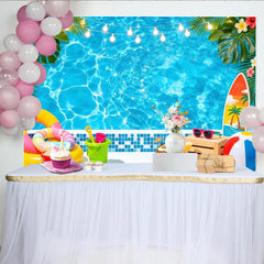 Lofaris Blue Summer Pool Party Photography Backdrop with Tropical Leaves and String Lights, Vibrant Photo Background for Vacation Decor