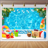 Lofaris Blue Summer Pool Party Photography Backdrop with Tropical Leaves and String Lights, Vibrant Photo Background for Vacation Decor