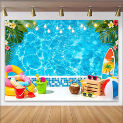 Lofaris Blue Summer Pool Party Photography Backdrop with Tropical Leaves and String Lights, Vibrant Photo Background for Vacation Decor
