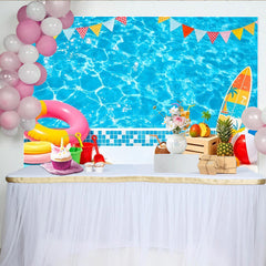 Lofaris Vibrant Blue Pool Summer Photography Backdrop with Colorful Pennants, Tropical Vacation Background for Party Decor