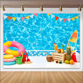 Lofaris Vibrant Blue Pool Summer Photography Backdrop with Colorful Pennants, Tropical Vacation Background for Party Decor