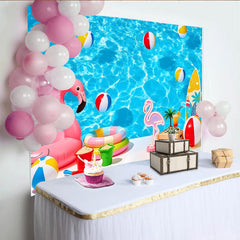 Lofaris Vibrant Blue Summer Pool Photography Backdrop with Flamingo and Beach Balls, Tropical Vacation Background for Photoshoot