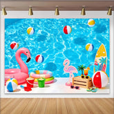 Lofaris Vibrant Blue Summer Pool Photography Backdrop with Flamingo and Beach Balls, Tropical Vacation Background for Photoshoot