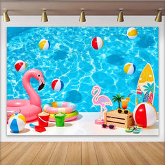 Lofaris Vibrant Blue Summer Pool Photography Backdrop with Flamingo and Beach Balls, Tropical Vacation Background for Photoshoot