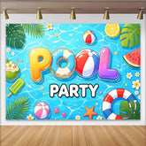Lofaris Vibrant Blue Pool Party Birthday Backdrop with Inflatable Letters and Summer Fruits, Fun Photography Background for Kids and Adults