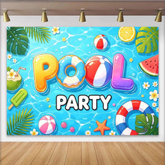 Lofaris Vibrant Blue Pool Party Birthday Backdrop with Inflatable Letters and Summer Fruits, Fun Photography Background for Kids and Adults