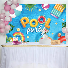 Lofaris Vibrant Pool Party Photography Backdrop with Blue Water and Tropical Leaves, Colorful Floats and Beach Balls for Summer Decor