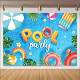 Lofaris Vibrant Pool Party Photography Backdrop with Blue Water and Tropical Leaves, Colorful Floats and Beach Balls for Summer Decor