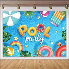Lofaris Vibrant Pool Party Photography Backdrop with Blue Water and Tropical Leaves, Colorful Floats and Beach Balls for Summer Decor