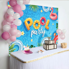 Lofaris Blue Pool Party Backdrop with Unicorn and Flamingo Floats, Fun Summer Background for Celebration Photoshoot
